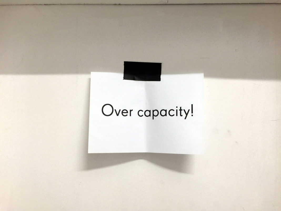 Ein Papierschild hängt an einer Tür. Darauf steht: Over capacity!