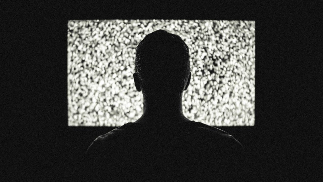 Der Schattenriss eines Manns vor einem Fernseher, der nur Rauschen zeigt.