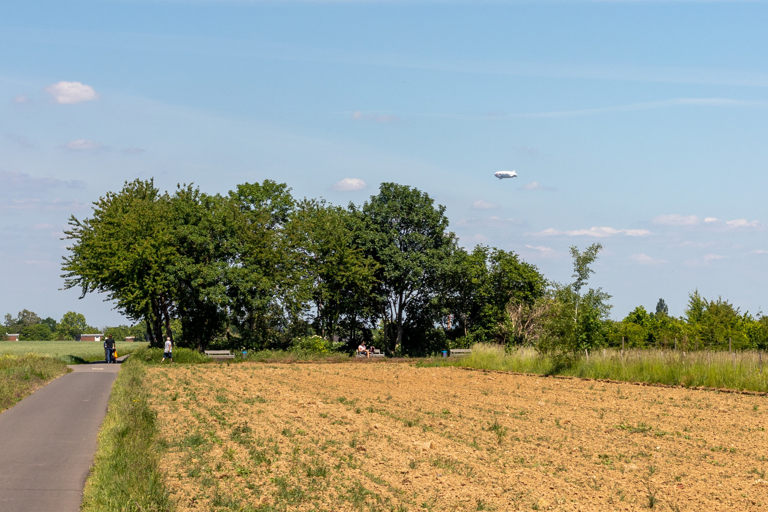 Ein Weg neben einem Feld, an der Kreuzung mehrere Bäume und Menschen. Über den Baumkronen sieht man einen Zeppelin schweben.