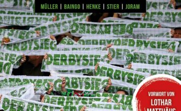 Cover des Buches, man sieht viele Fanschals, auf denen grün auf weiß „Derbysieg“ steht.