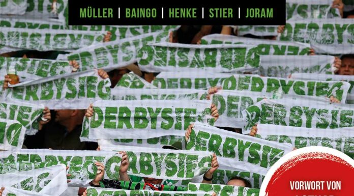 Cover des Buches, man sieht viele Fanschals, auf denen grün auf weiß „Derbysieg“ steht.