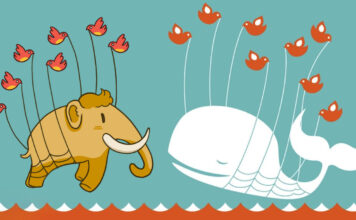 Illustration eines Mammuts und eines Wals, die jeweils von mehreren Vögeln aus dem Wasser gehoben werden.