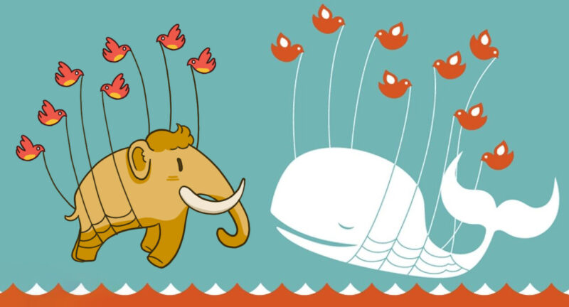 Illustration eines Mammuts und eines Wals, die jeweils von mehreren Vögeln aus dem Wasser gehoben werden.