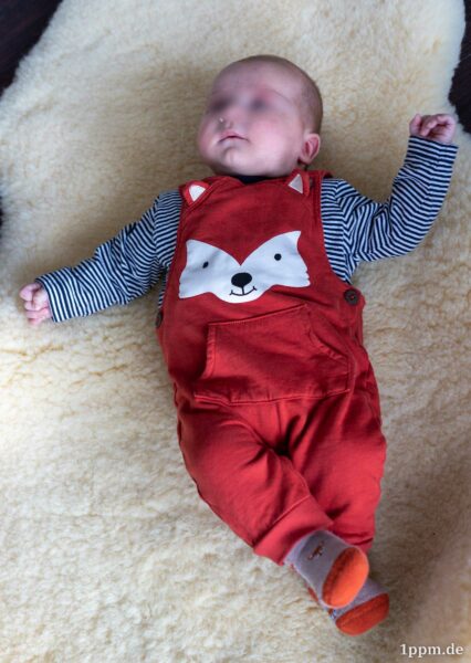Ein Baby liegt auf einem Fell auf dem Boden. Es trägt einen roten Strampelanzug, auf dem ein Fuchskopf abgebildet ist.
