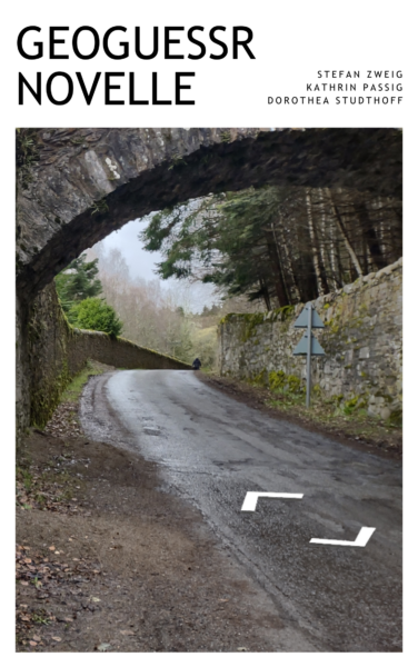 Ein Bild eines Weges unter einer halbrunden Brücke, auf dem Weg die typischen Google-Streetview-Pfeile zum Vor- und Zurücknavigieren, darüber der Titel und die Autor*innen des Buchs.