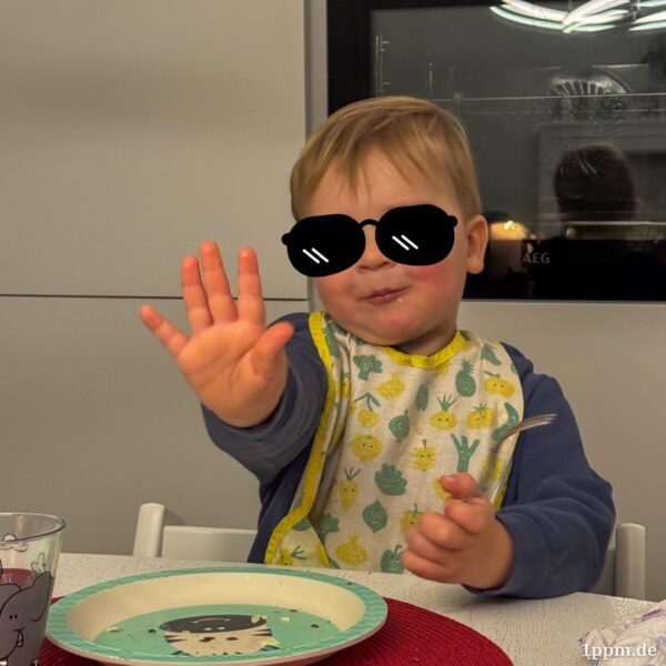 Ein Junge mit blonden Haaren sitzt am Tisch, vor sich ein leerer Teller. In seiner linken Hand eine Gabel. Die rechte Hand streckt er abwehrend in die Kamera. Er lacht verschmitzt. Über seine Augen wurde eine Sonnenbrille retuschiert.