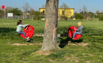 Zwei Kinder auf einer Wippe, ziemlich genau in der Mitte davor im Bild ein Baumstamm. Das Mädchen links zeigt gerade mit dem Finger auf den Jungen rechts, der eine gelb-weiß gestreifte Mütze trägt.