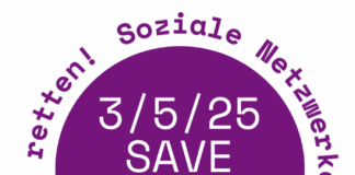 Lilafarbener Button mit der Aufschrift "3/5/24 SAVE SOCIAL DAY" und der Beschriftung drumherum: "Soziale Netzwerke als demokratische Kraft retten!"