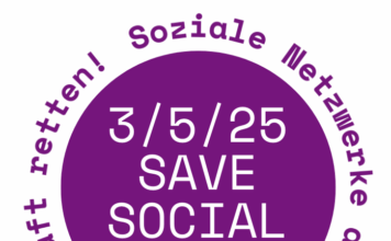 Lilafarbener Button mit der Aufschrift "3/5/24 SAVE SOCIAL DAY" und der Beschriftung drumherum: "Soziale Netzwerke als demokratische Kraft retten!"