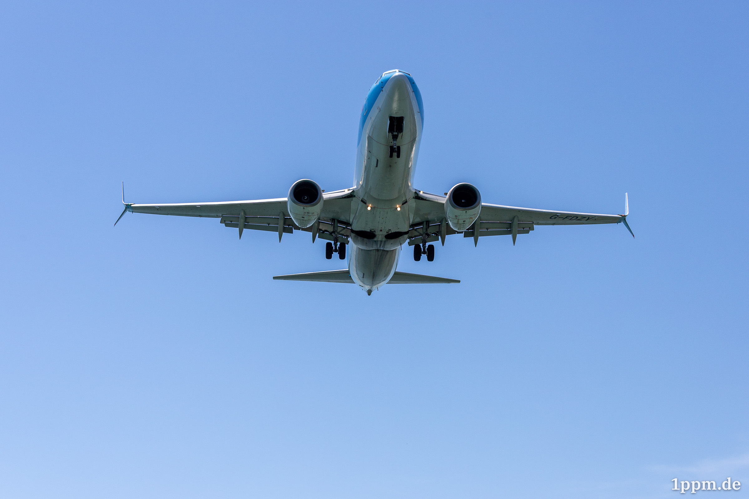 Ein Flugzeug fliegt über den Kopf des Fotografen.