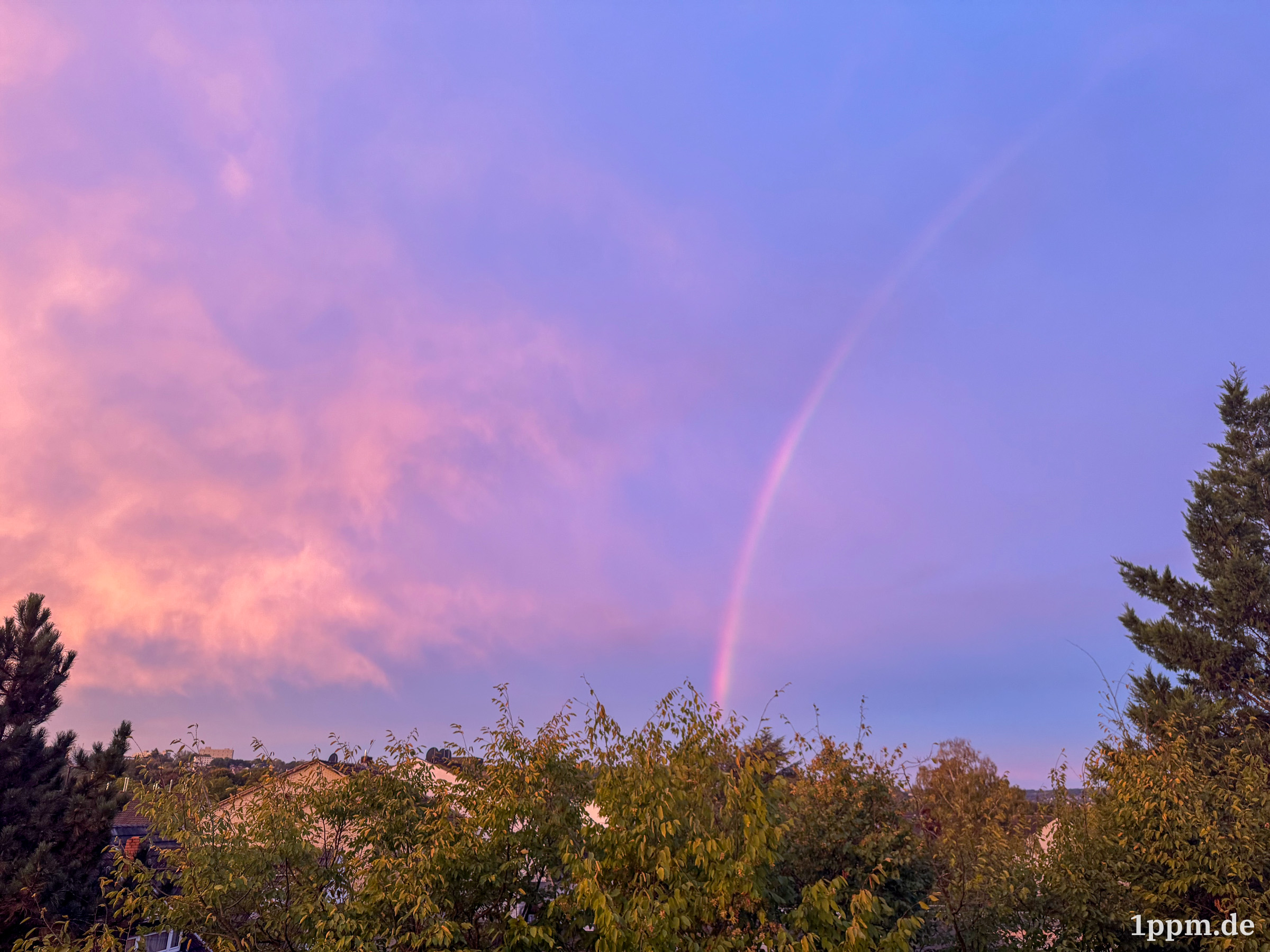 Ein orange-lila Himmel mit einem halben Regenbogen. Am unteren Bildrand Baumkronen und ein paar Häuserdächer.