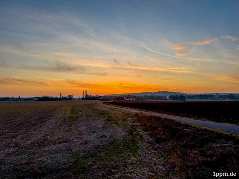 Landschaft mit Feldern und Bonn im Hintergrund bei Sonnenaufgang mit orangefarbenem Himmel