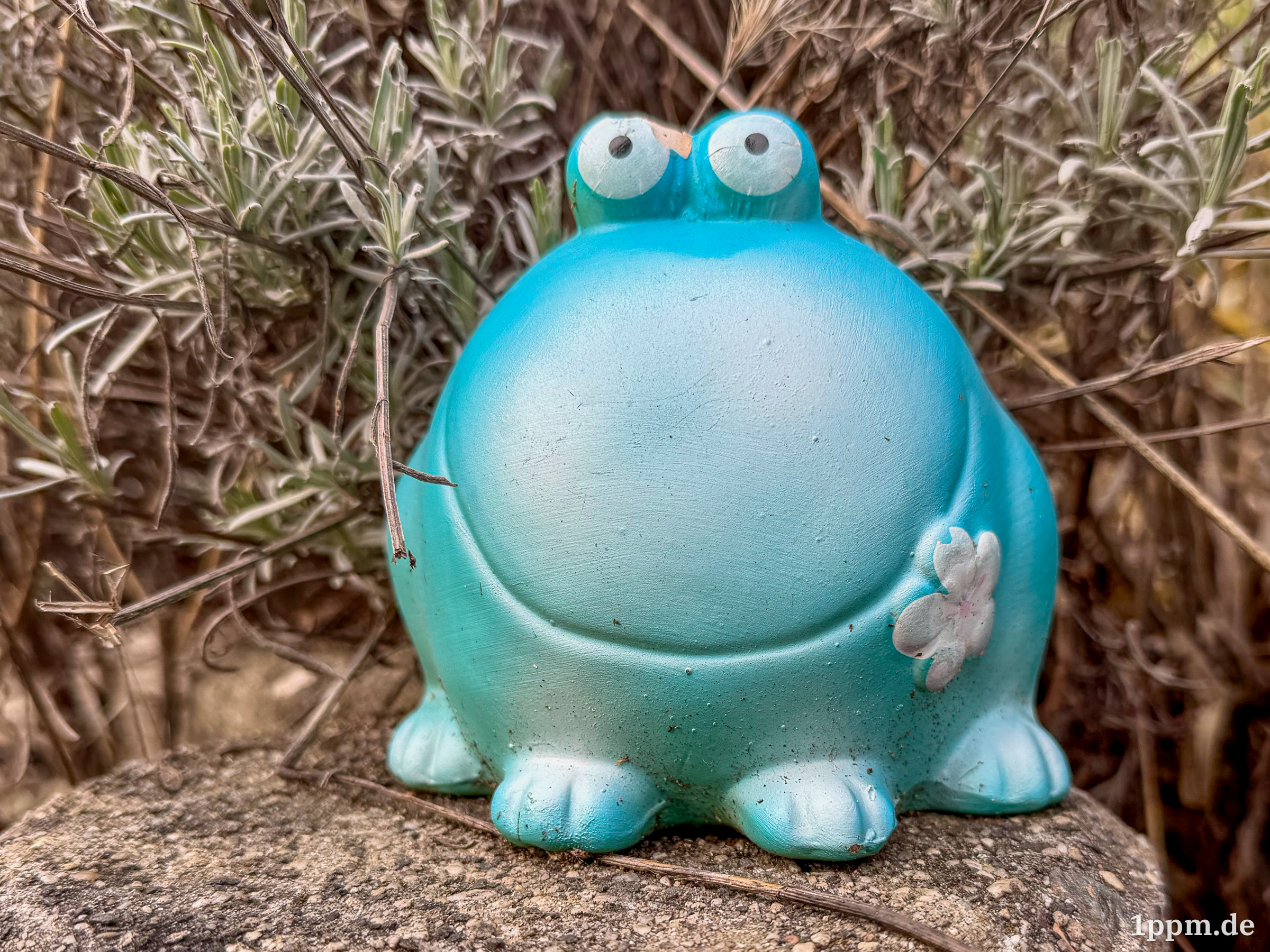 Runde blau-grüne Froschfigur mit großen weißen Augen und einer weißen Blume auf der rechten Seite sitzt auf einem Stein vor trockenem Gestrüpp