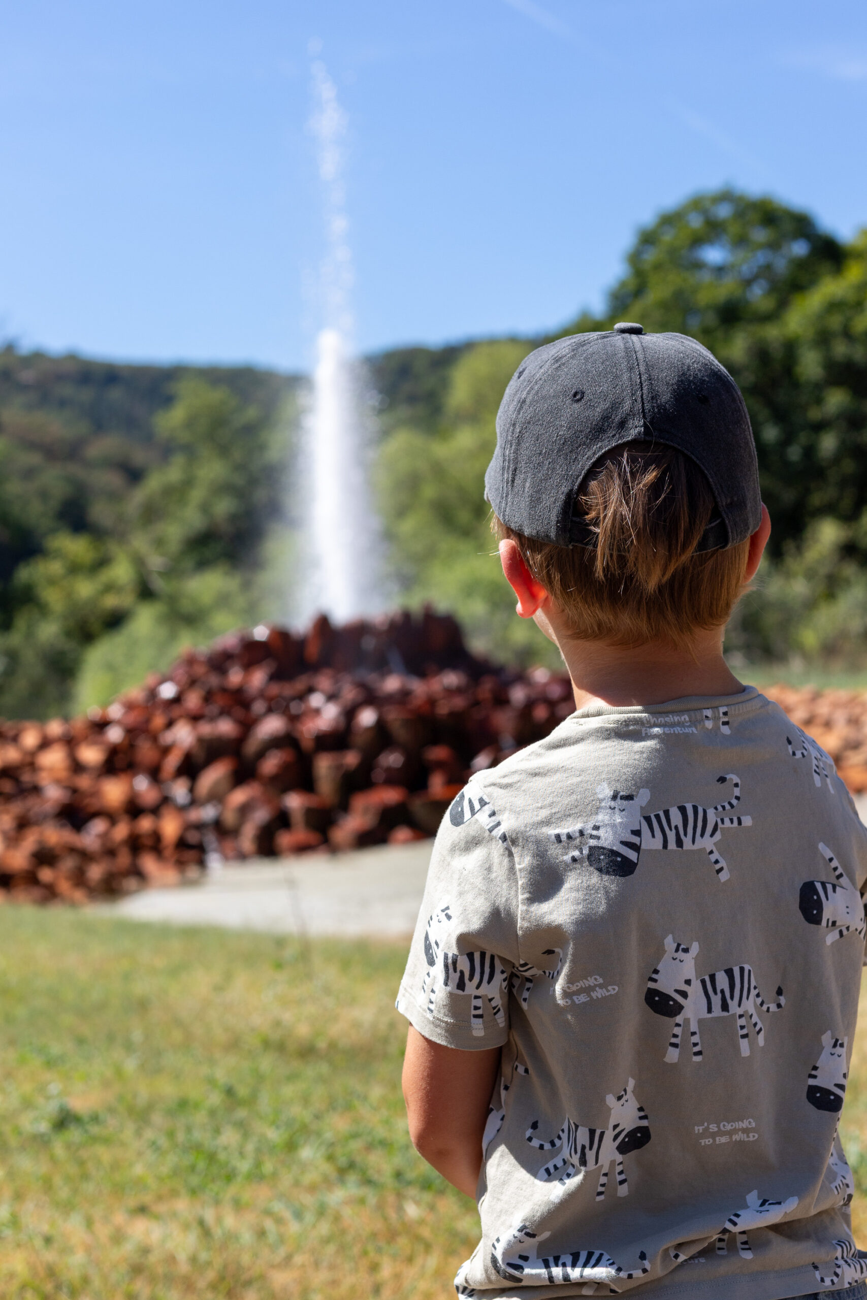 Junge mit grauer Kappe und T-Shirt mit Zebramuster steht auf einer Wiese und blickt auf einen spritzenden Wasserbrunnen vor bewaldetem Hügel